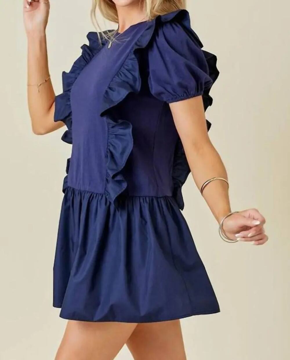 Day + Moon Navy Ruffle Drop Waist Mini Dress L Coquette Ballet